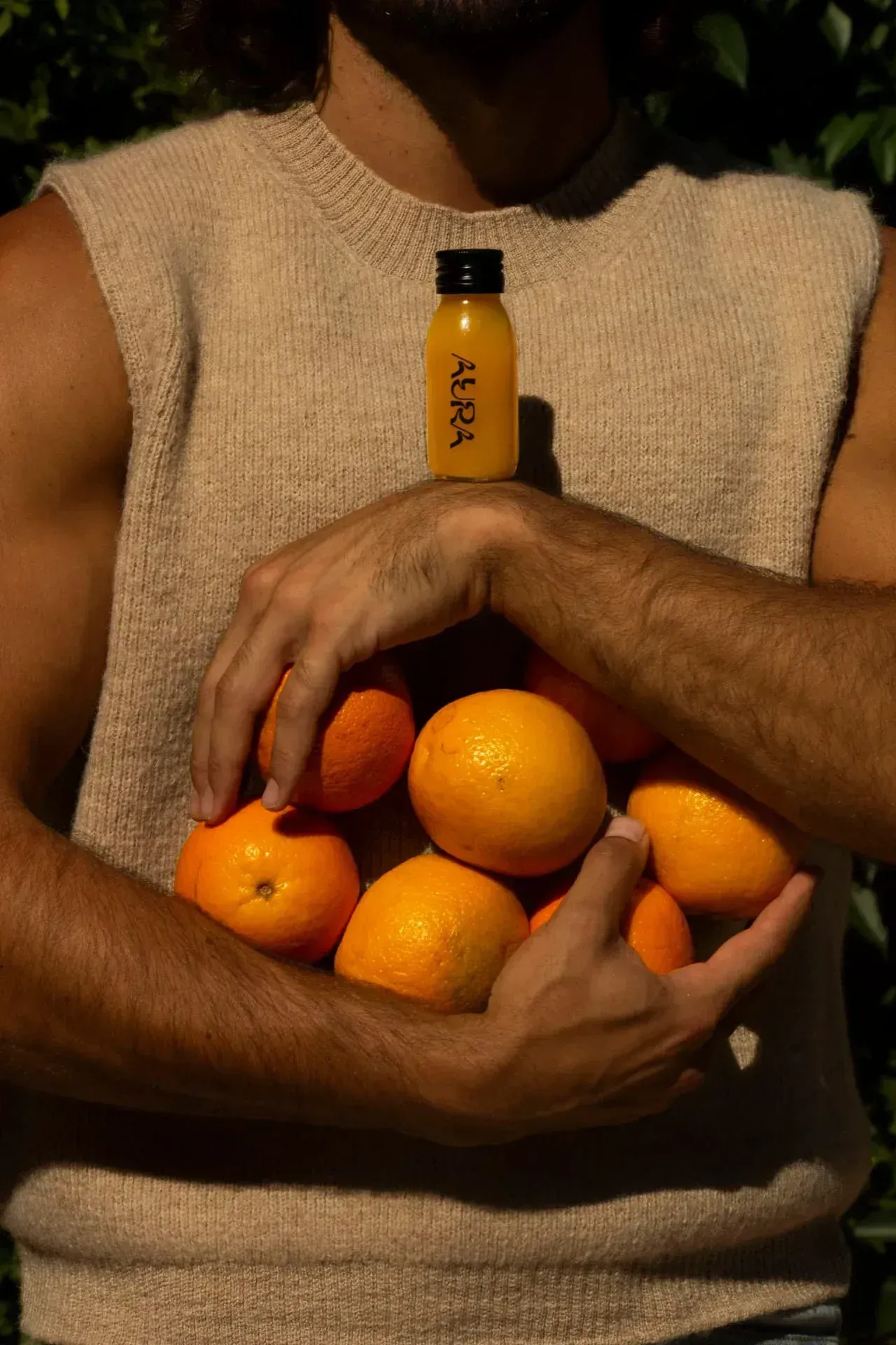 Aura Sunny Shot in a glass bottle — ginger, lemon, orange, turmeric