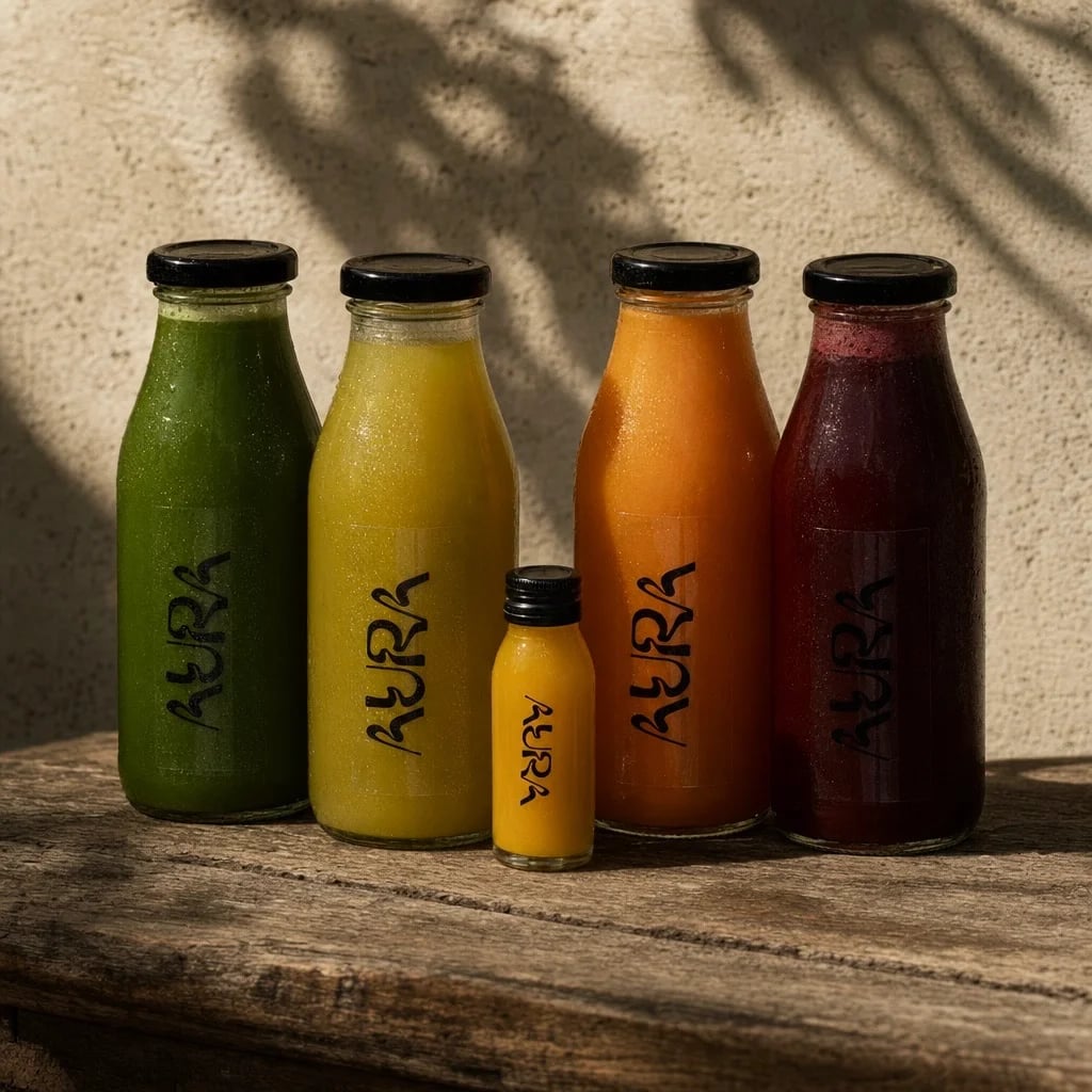 Aura juice cleanse — RAW, BALANCE, SUNNY SHOT, VIBRANCE and SERENITY cold-pressed bottles on a wooden bench in Lisbon sunlight